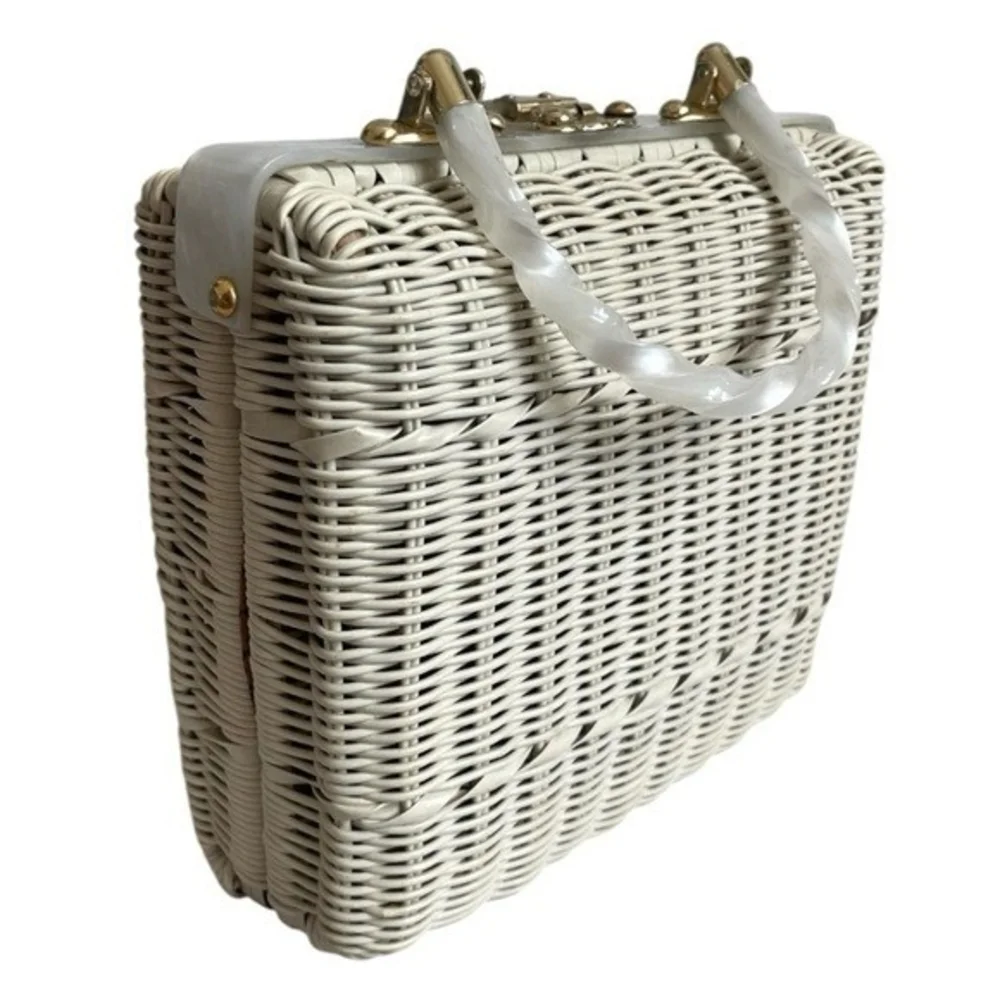 Vintage White Wicker Handbag Lucite Handles Pleated Purse Made Hong Kong 9x4x8